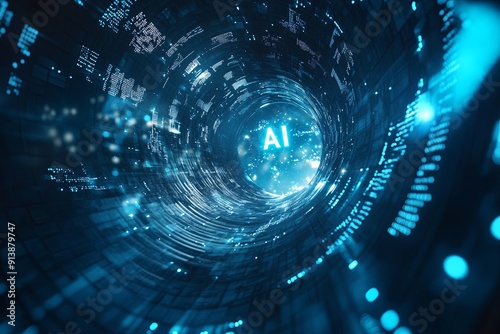 Fototapeta Naklejka Na Ścianę i Meble -  A blue tunnel with a glowing light and the word AI in the center