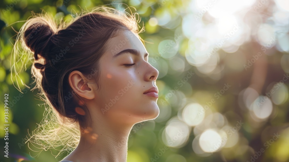 A young woman with her hair in a bun stands outdoors, eyes closed, basking in soft sunlight, embracing a moment of peace surrounded by nature. A young woman with her hair in a bun stands outdoors, eyes closed, basking in soft sunlight, embracing a moment of peace surrounded by nature.