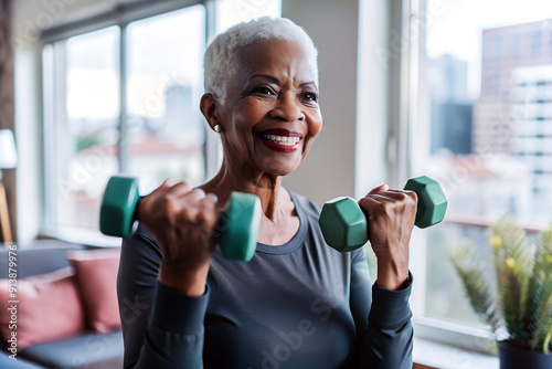 Mujer mayor haciendo ejercicio. Señora levantando pesas para mantenerse en forma. Mujer de pelo blanco y corto sonriendo. Concepto ejercicio personas senior.