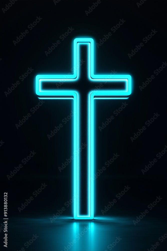 Holy neon glowing cross of Jesus Christ. Religious symbol of faith and prayer. Isolated on a dark background highlighting the cross brightness. Light in the darkness, a sign of hope. Holy neon glowing cross of Jesus Christ. Religious symbol of faith and prayer. Isolated on a dark background highlighting the cross brightness. Light in the darkness, a sign of hope.