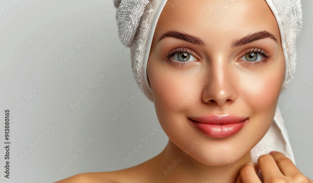 A close-up of a smiling woman with radiant skin and a towel wrapped around her head, representing natural beauty and skincare routine. A close-up of a smiling woman with radiant skin and a towel wrapped around her head, representing natural beauty and skincare routine.