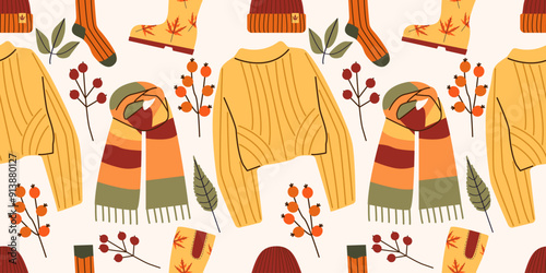 Autumn mood pattern . Fall season clothing and accessories. Flat doodle elements. Hand drawn set with, branch with berry , rubber  boots, scarf hat, socks Cute cozy colorful flat autumn fall elements
