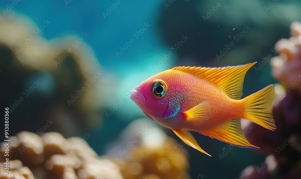 A bright orange and yellow fish with a blue eye swimming in a coral reef A bright orange and yellow fish with a blue eye swimming in a coral reef
