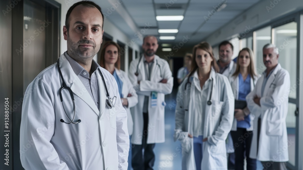 A team of doctors stands united in a hospital corridor, showcasing determination and readiness to serve patients. A team of doctors stands united in a hospital corridor, showcasing determination and readiness to serve patients.