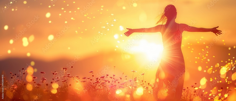 Naklejka premium Silhouette of a woman with outstretched arms embracing the sunset in a field, symbolizing freedom, hope, and connection with nature.