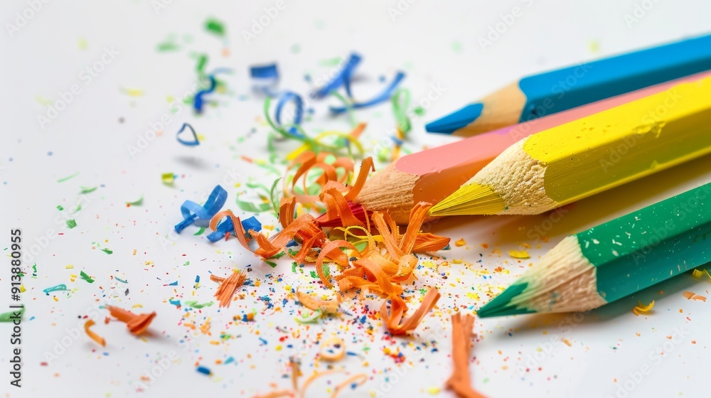 Sharpened blue, green, and yellow pencils with colorful shavings scattered around, captured on a white background. Sharpened blue, green, and yellow pencils with colorful shavings scattered around, captured on a white background.