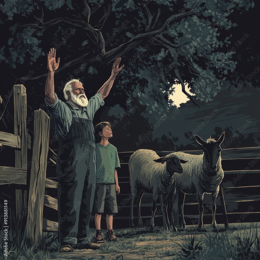 An illustration of a nightscape with farmers and farm animals An illustration of a nightscape with farmers and farm animals