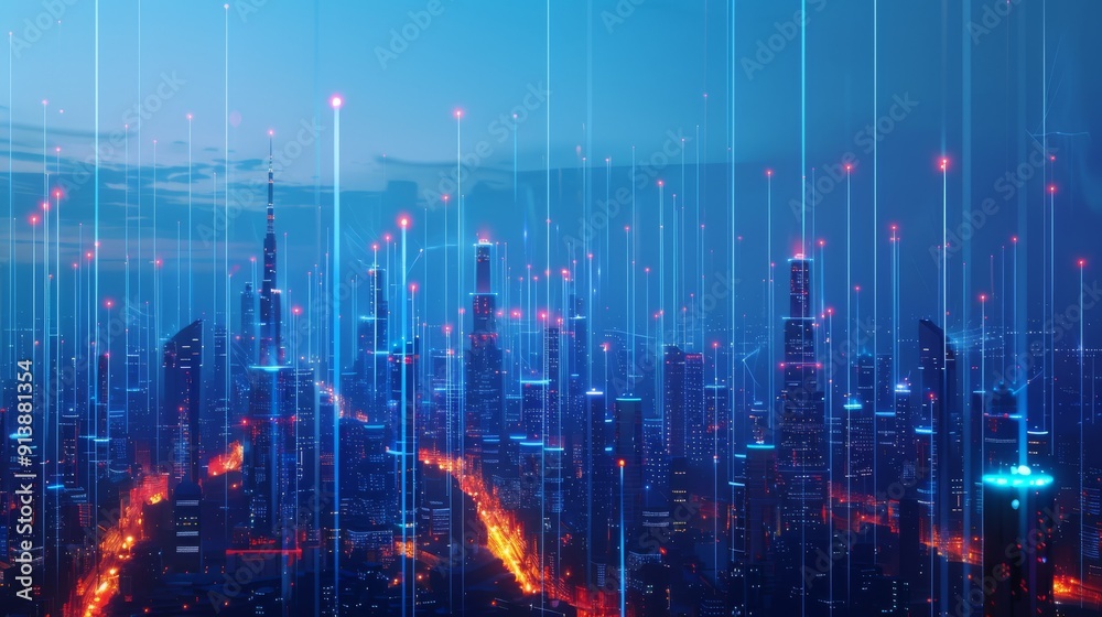 Fototapeta premium Abstract representation of a modern city with illuminated data streams and futuristic design.