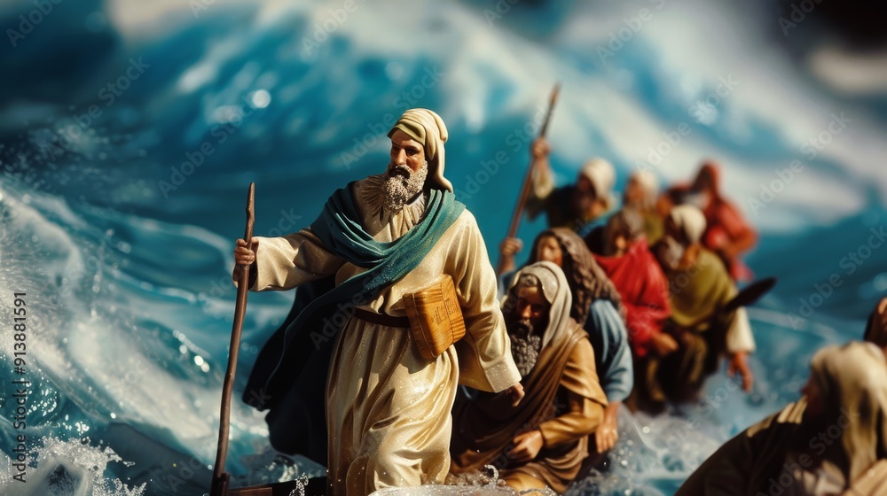 Group of people holding ropes crossing a parted sea beside crashing waves, under dramatic lighting, evoking themes of unity, struggle, and faith. Group of people holding ropes crossing a parted sea beside crashing waves, under dramatic lighting, evoking themes of unity, struggle, and faith.