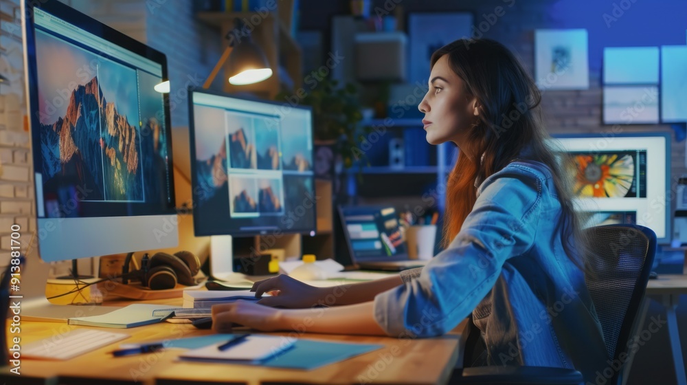 A focused young woman works on her computer in a tech-savvy workspace adorned with multiple monitors, immersed in a creative project. A focused young woman works on her computer in a tech-savvy workspace adorned with multiple monitors, immersed in a creative project.