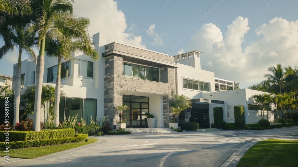 A sprawling, luxurious modern mansion surrounded by palm trees and lush landscaping, basking under a partly cloudy sky, epitomizing elegance and grandeur. A sprawling, luxurious modern mansion surrounded by palm trees and lush landscaping, basking under a partly cloudy sky, epitomizing elegance and grandeur.