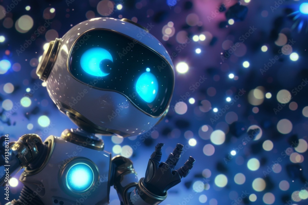 Fototapeta premium Futuristic Robot with Blue Lights in a Bokeh Background.