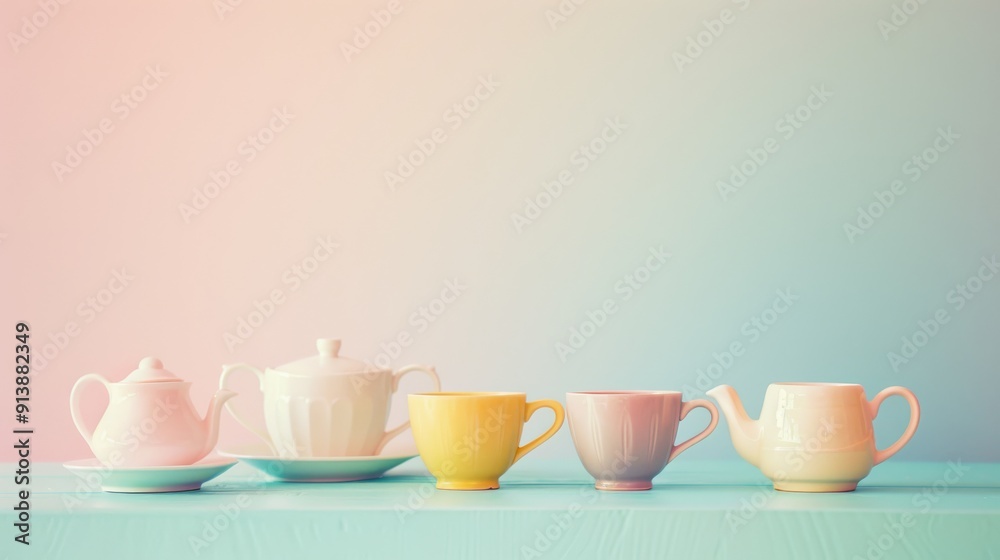A charming pastel teapot and teacups are arranged in a line on a turquoise surface, blending vintage elegance with a cozy tea-time setting.