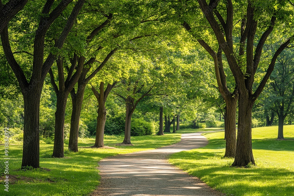 Fototapeta premium Sunlit Path Winding Through a Lush Green Forest