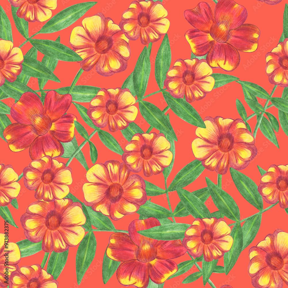 Marigold Flower Seamless Pattern. Hand Drawn Floral Digital Paper on Red Background. Marigold Flower Seamless Pattern. Hand Drawn Floral Digital Paper on Red Background.