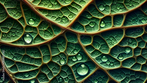 Macro world of nature, details of leaves and water splashes in bright green shades photo