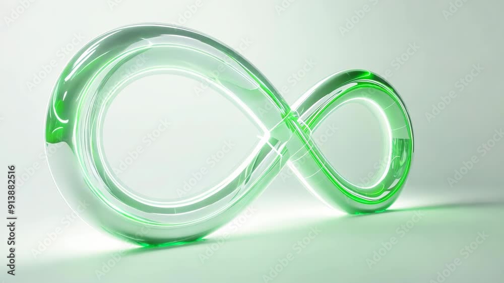 Rotating green glass infinity symbol, 3D animation of sustainable business concept