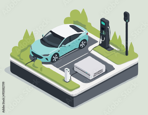 Isometric Electric car refueling. Power supply for electric car charging. Modern technology and environment care