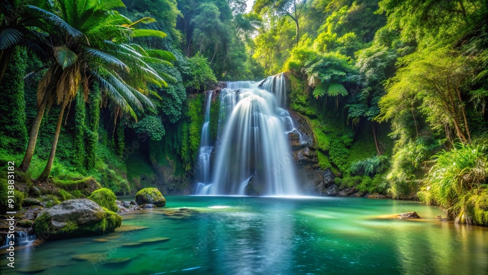 Tropical forest waterfall surrounded by lush greenery and cascading clear water, waterfall, tropical, forest, lush