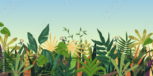 Tropical plant thickets vector background. Tropic greenery leaves and flowers backdrop. Sign with exotic lush garden foliage. Jungle flora grow. Poster with rainforest wild branch. Nature and floral