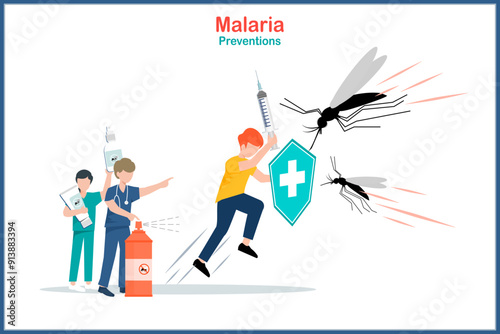 Medical illustration concept of malaria prevention. character of Doctors and nurses  in flat style hold malaria prevention equipment such as mosquito repellent.