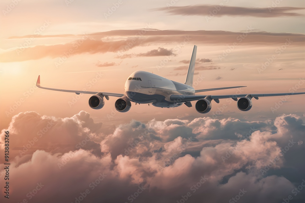 Airplane soars above golden clouds at sunrise, wide wings contrast against warm sky Airplane soars above golden clouds at sunrise, wide wings contrast against warm sky