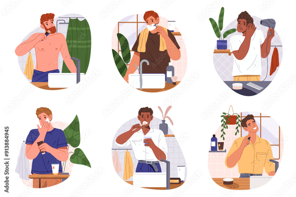 Set of isolated man hygiene and beauty routine. Vector cartoon male shaving and trimming beard, using hair dryer and skin cream, brushing teeth and doing perfume cosmetic. Bathroom facial care. Set of isolated man hygiene and beauty routine. Vector cartoon male shaving and trimming beard, using hair dryer and skin cream, brushing teeth and doing perfume cosmetic. Bathroom facial care.