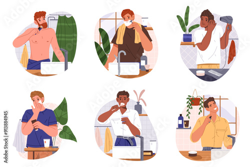 Set of isolated man hygiene and beauty routine. Vector cartoon male shaving and trimming beard, using hair dryer and skin cream, brushing teeth and doing perfume cosmetic. Bathroom facial care.