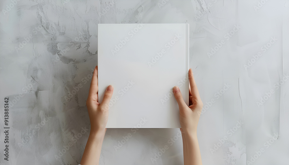 Woman holding brochure with blank cover on grey background, top view. Mock up for design Woman holding brochure with blank cover on grey background, top view. Mock up for design