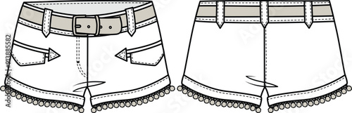 KID GIRLS BOTTOM WEAR DENIM JEANS SHORTS WITH BELT FLAT SKETCH FRONT AND BACK VECTOR ILLUSTRATION