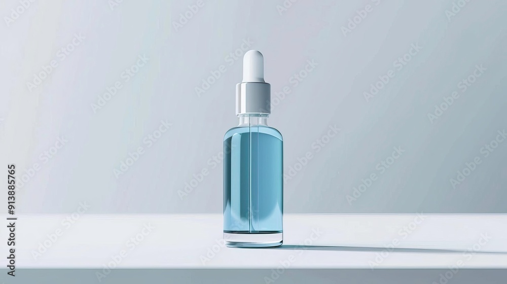 Aesthetic view of a clear glass dropper bottle filled with blue liquid, elegantly displayed on a white surface. Aesthetic view of a clear glass dropper bottle filled with blue liquid, elegantly displayed on a white surface.
