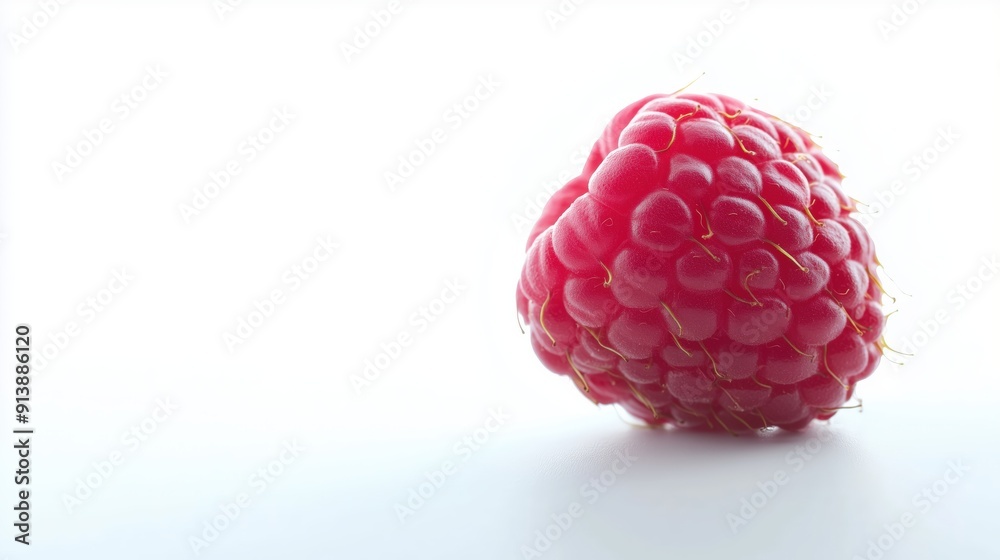 A Close-Up of a Single Ripe Raspberry on a White Background A Close-Up of a Single Ripe Raspberry on a White Background