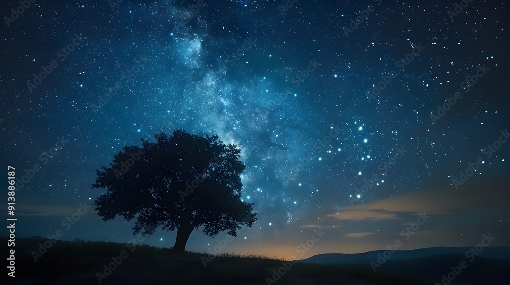 Mesmerizing Milky Way and Silhouetted Tree in Starry Night Sky Landscape Mesmerizing Milky Way and Silhouetted Tree in Starry Night Sky Landscape