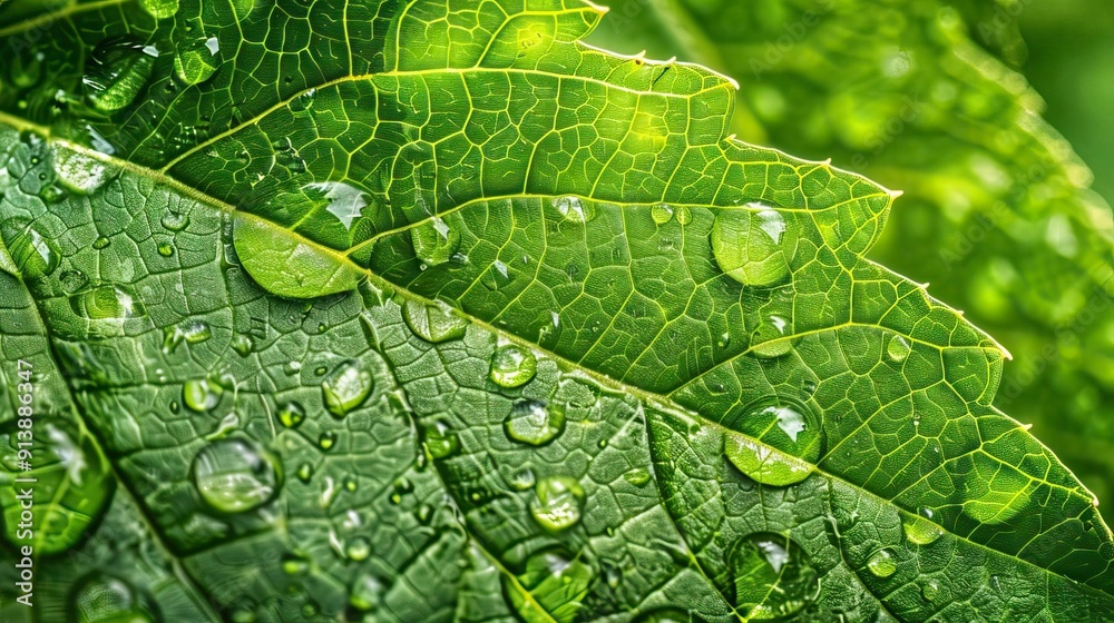 Close-up of vibrant green leaves with dew drops, showcasing nature's beauty and freshness in perfect detail. Close-up of vibrant green leaves with dew drops, showcasing nature's beauty and freshness in perfect detail.