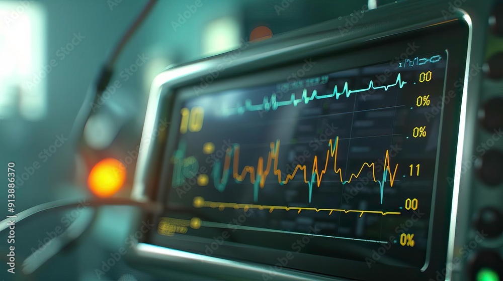 Close-up view of a medical monitor displaying vital signs in a healthcare environment, illustrating advanced patient monitoring technology. Close-up view of a medical monitor displaying vital signs in a healthcare environment, illustrating advanced patient monitoring technology.