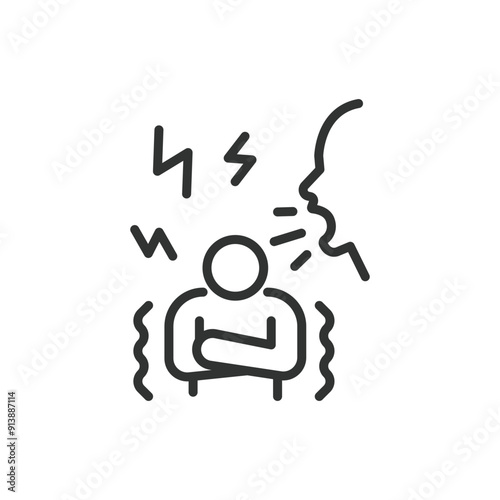 Verbal abuse, in line design. Emotional abuse, Bullying, Harassment, Aggression, Psychological abuse, Intimidation on white background vector. Verbal abuse editable stroke icon.