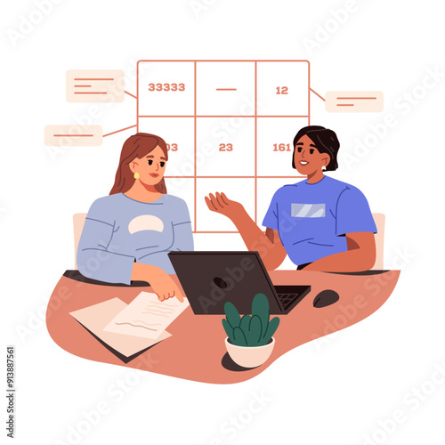 Vector numerologist at work or numerology service. Illustration of job with psychomatrix or birth date numbers. Esoteric analysis and practice. Future foretelling profession. Fate reading. Prophecy