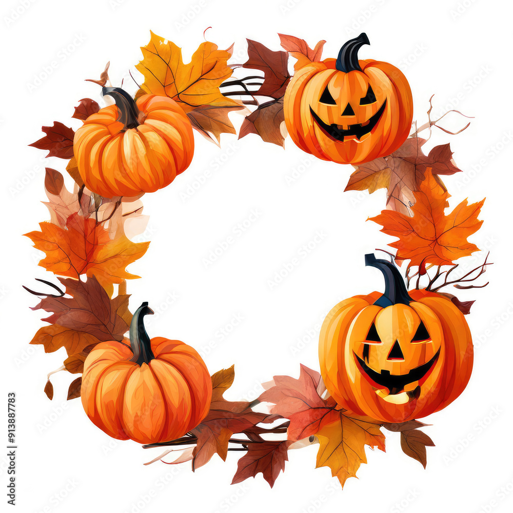 Wreath or frame made from pumpkins and fall autumn leaves. Halloween element. Wreath or frame made from pumpkins and fall autumn leaves. Halloween element.