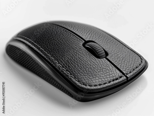 Sleek Black Wireless Computer Mouse on White Surface at Modern Workspace photo