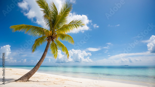 A coconut tree stands alone on a clean white sand beach, emerald sea water, and a bright blue sky.