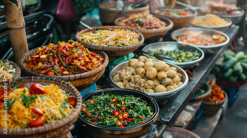 Colorful street food market with an array of fresh dishes and ingredients