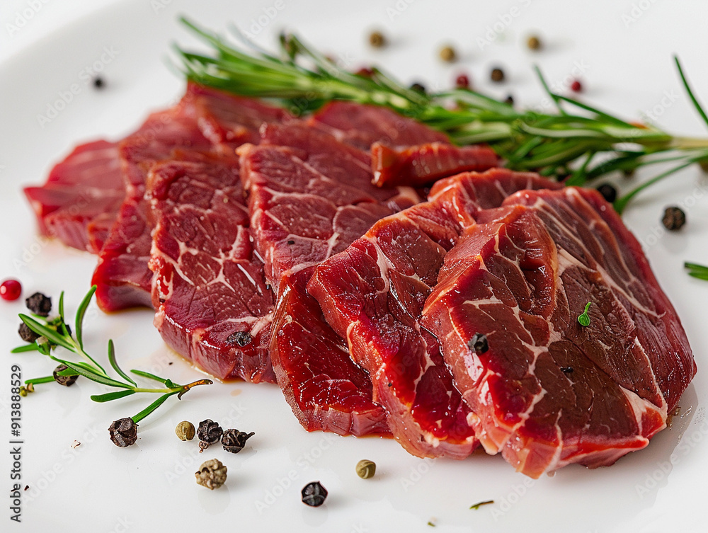 Freshly Sliced Premium Beef Tenderloin With Herbs and Spices on White Plate Freshly Sliced Premium Beef Tenderloin With Herbs and Spices on White Plate