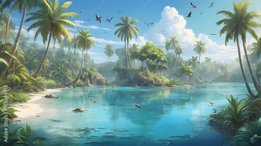 lagoon with crystal clear water, surrounded by palm trees and exotic birds
lagoon with crystal clear water, surrounded by palm trees and exotic birds