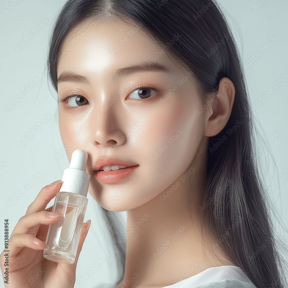 Young Korean female model holding serum bottle with dewy face glowing with moisture. Studio beauty portrait Young Korean female model holding serum bottle with dewy face glowing with moisture. Studio beauty portrait