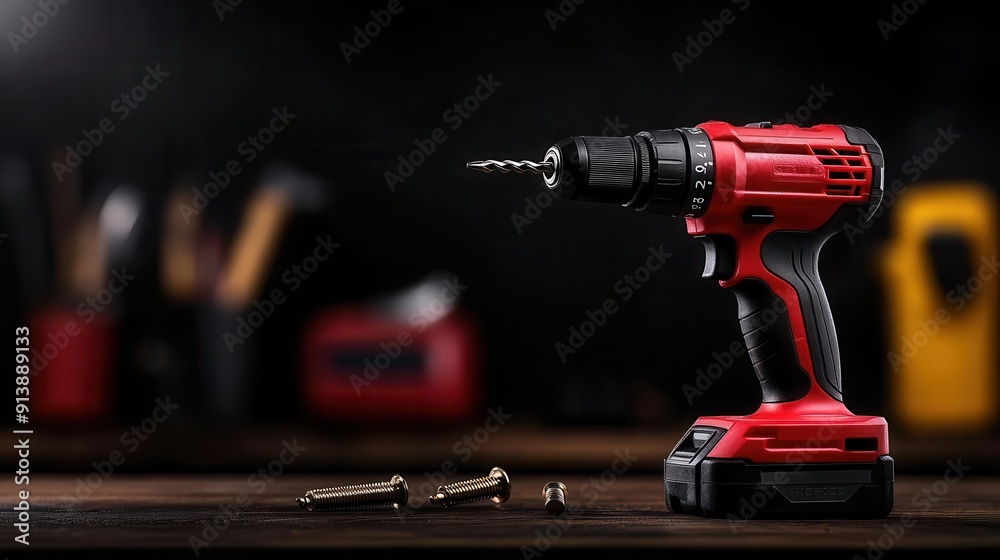A close-up of a red electric drill on a wooden surface, surrounded by screws, perfect for DIY and construction projects. A close-up of a red electric drill on a wooden surface, surrounded by screws, perfect for DIY and construction projects.