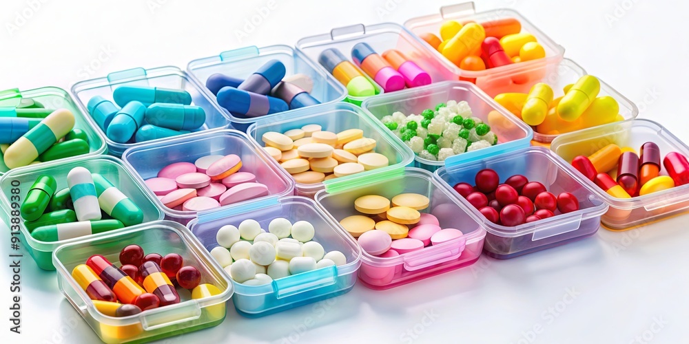 plastic pill boxes of various colors with pills, medicine, healthcare,plastic, pill box, container, storage, colorful