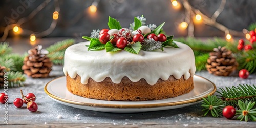 Delicious Christmas cake topped with white icing and festive decorations, baking, dessert, celebration, winter