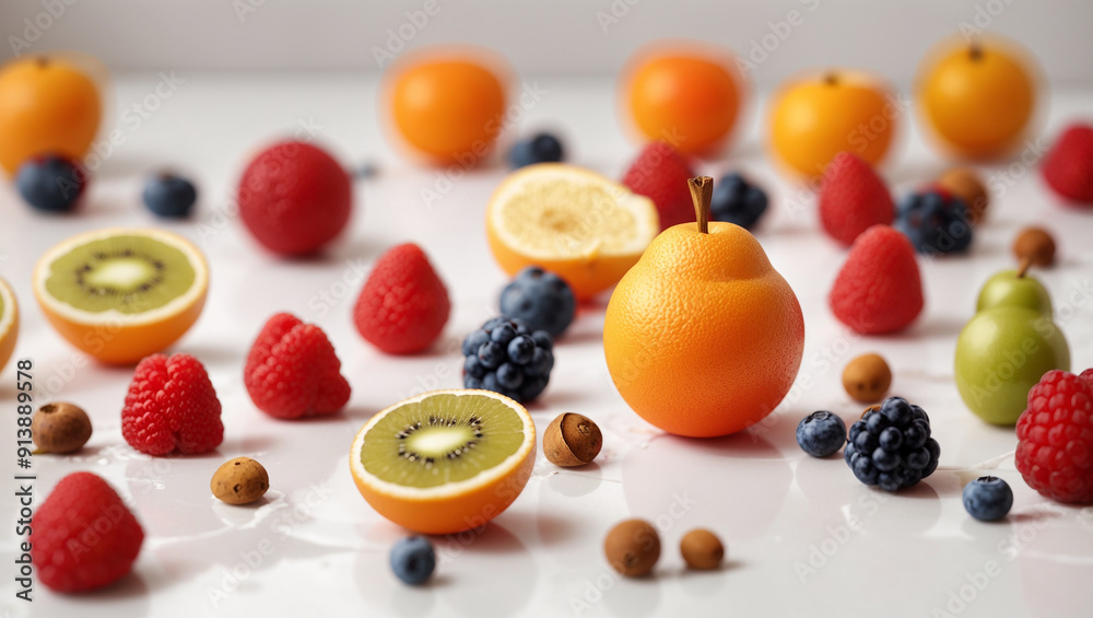The image contains a variety of fruits, including apples, pears, grapes, raspberrie The image contains a variety of fruits, including apples, pears, grapes, raspberrie