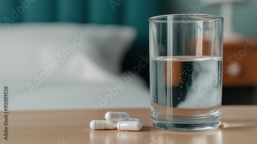 Probiotic capsules next to a glass of water on a bedside table, Nightly Probiotic, showcasing a health routine photo