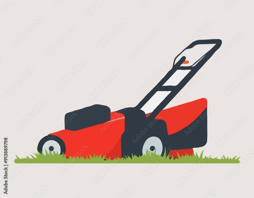 Fototapeta premium Electric Red Lawn Mower Icon, Essential Gardening Tool for Grass Cutting, Minimalist Design, Vector Illustration.